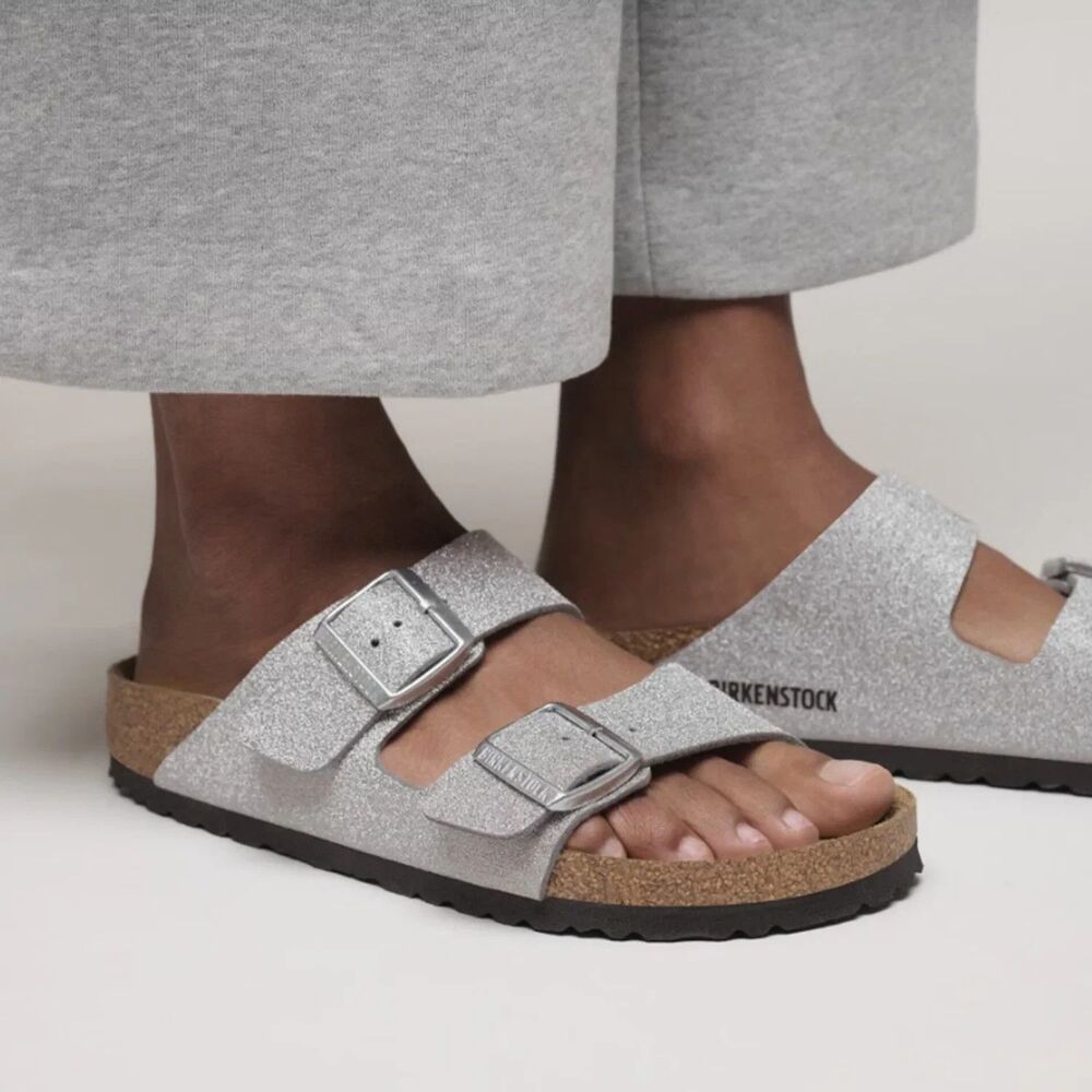 Birkenstock Women's Arizona Leather Sandals Silver Glitter NIB SZ 36 Narrow